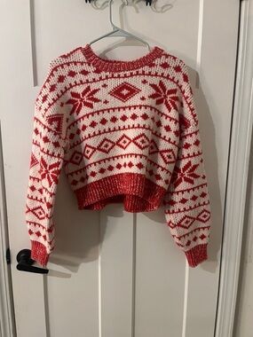 Altar'd State Red and White Fair Isle Cropped Crewneck Sweater